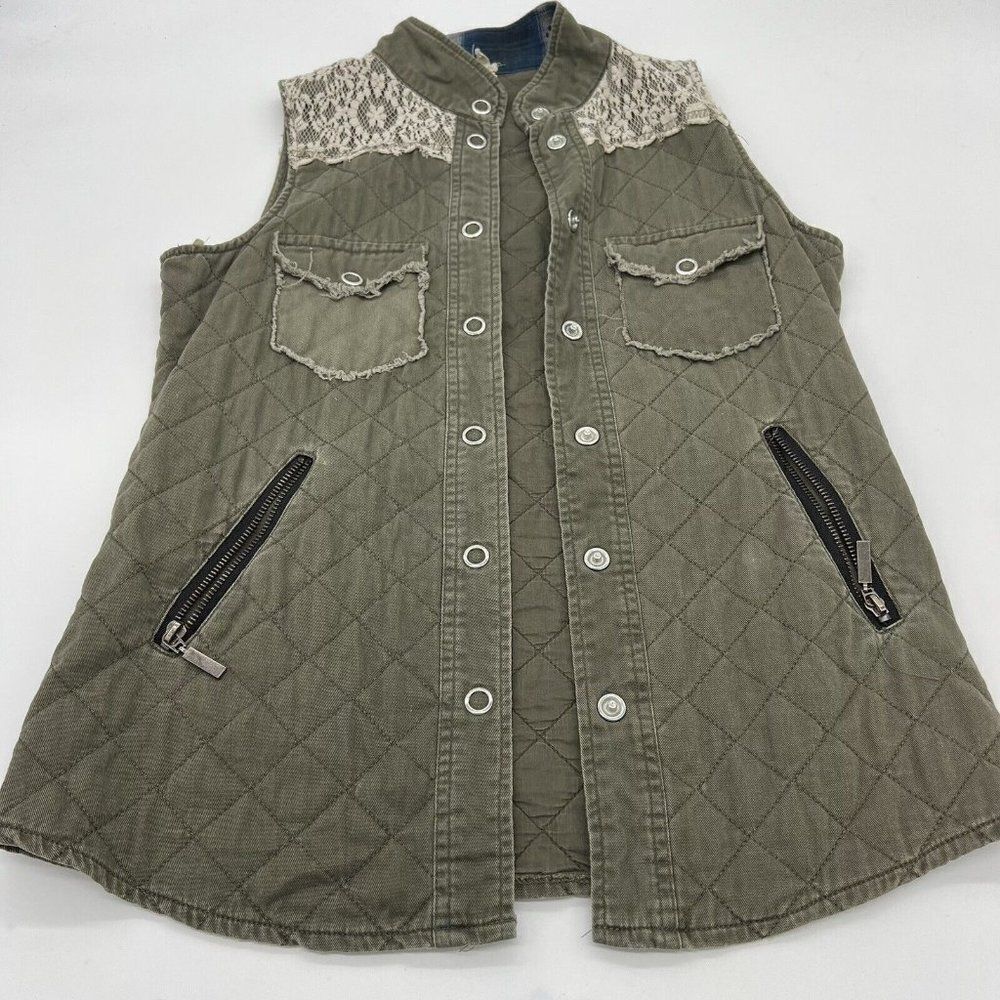 BKE Buckle Gimmicks Army Green Quilted Vest Lace Accent Boho small